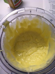This is what the olive oil mayo looks like after the olive oil has been poured very slowly into the egg mixture. Take your time and keep the blender going as you pour. It will thicken up beautifully!